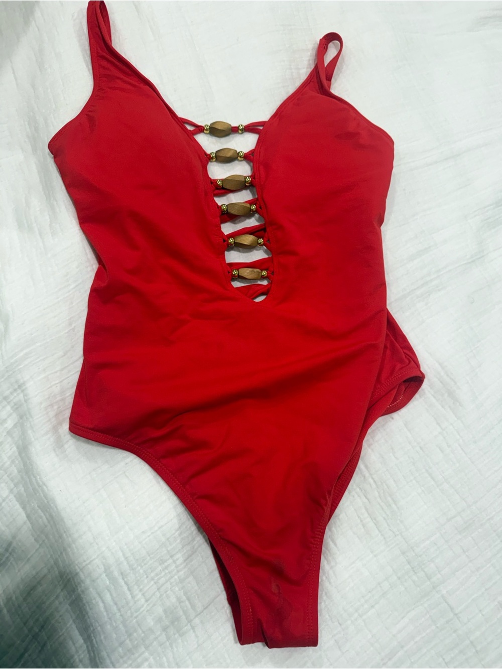 Red One-Piece Swimsuit with Decorative Front Detail -bled rod beattie